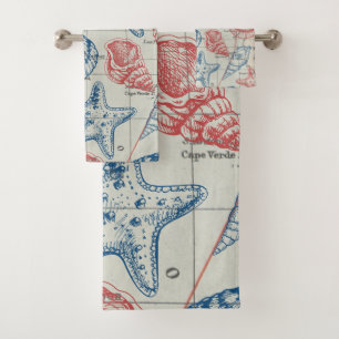 Red Blue Nautical Seashell Bath Towel Set