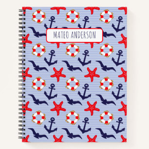Red & Blue Nautical , Starfish & Seagull Custom Notebook
