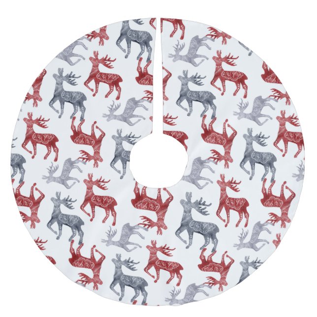 Red Blue Nordic Pattern Reindeer Christmas Brushed Polyester Tree Skirt (Front)