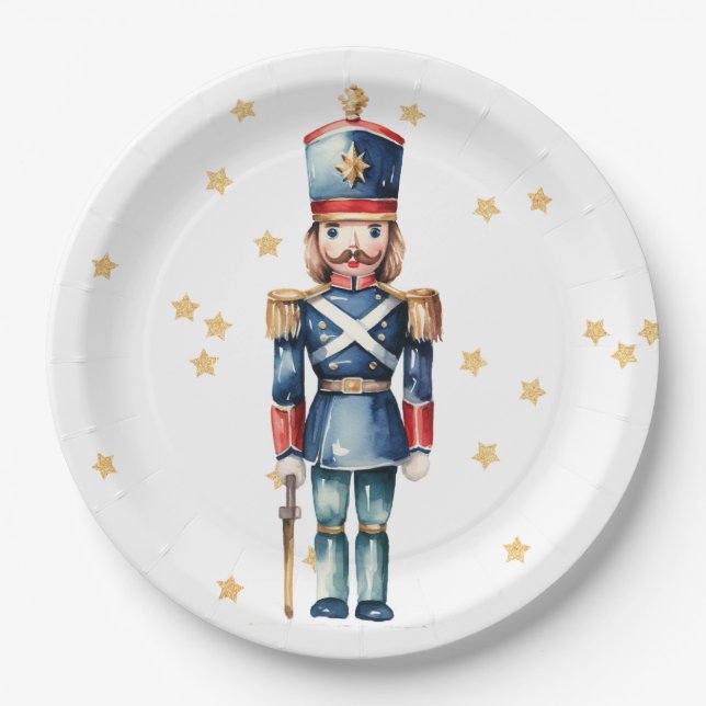 Red & Blue Nutcracker Merry Christmas  Paper Plate (Front)