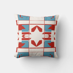 Red Blue Off-White Mediterranean Chequerboard Tile Cushion