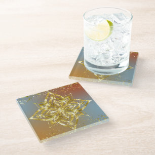 RED & BLUE OMBRE WITH GOLD MANDALA GLASS COASTER