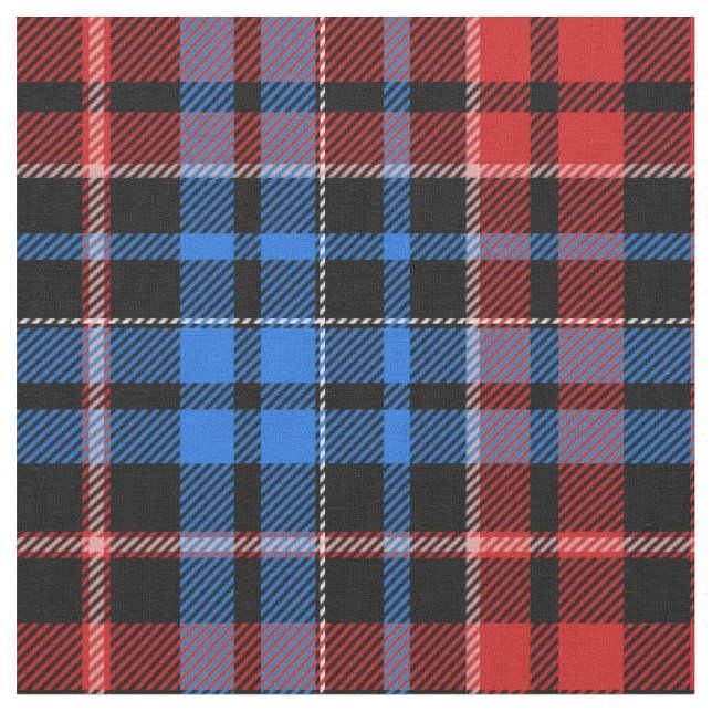 Red Blue On Black Plaid Tartan Design  Fabric (Close Up)