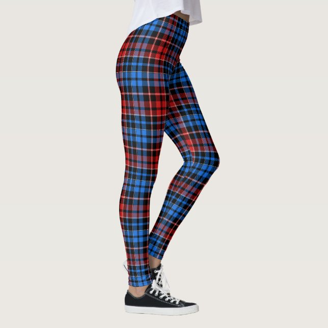 Red Blue On Black Plaid Tartan Design  Leggings (Right)