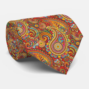 Red Blue Orange Yellow Gold Paisley Floral Pattern Tie