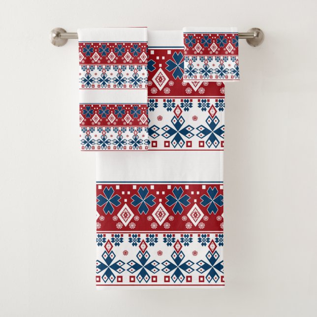 Red blue ornament bath towel set (Insitu)