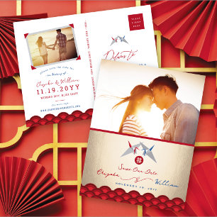 Red Blue Paper Cranes Asian Wedding Save The Date Announcement Postcard