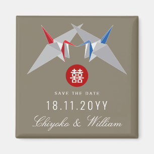 Red Blue Paper Cranes Asian Wedding Save The Date  Magnet