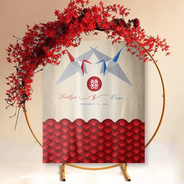 Red & Blue Paper Cranes Double Happiness Wedding Tapestry (Red & Blue Paper Cranes Double Happiness Chinese Wedding Backdrop Tapestry @ fatfatin_red_knot)