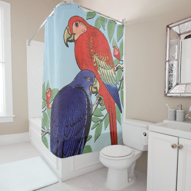 RED BLUE PARROTS SHOWER CURTAIN (In Situ)