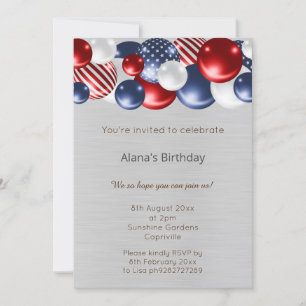 RED BLUE PATRIOTIC SILVER 2 BALLOON BIRTHDAY  INVITATION