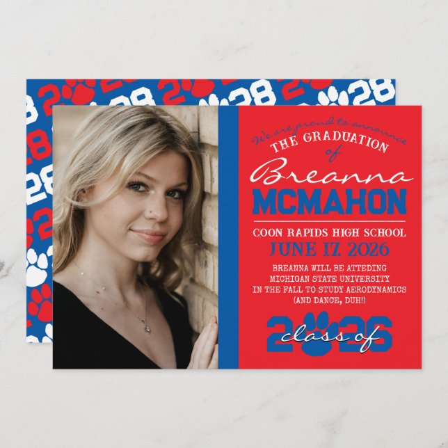 Red & Blue Paw Print Graduation Announcement (Front/Back)