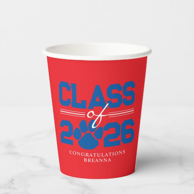 Red & Blue Pawprint Class of Graduation Paper Cups (Back)