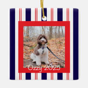 Red Blue Pet Photo with Name Ceramic Ornament
