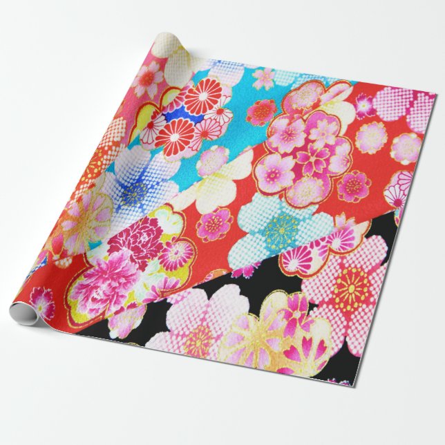 Red Blue Pink Japanese Kimono Floral Decoupage  Wrapping Paper (Unrolled)