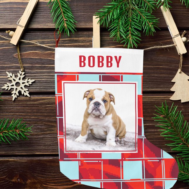 Red Blue Plaid Bulldog Dog Photo Merry Christmas  Large Christmas Stocking (Creator Uploaded)