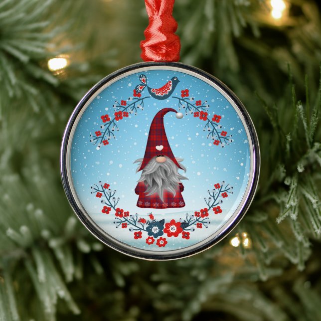 Red & Blue Plaid Gnome - Scandinavian Wreath Metal Ornament (Tree)