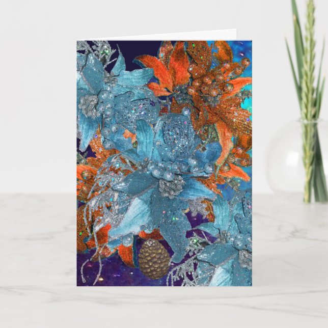 RED BLUE POINSETTIAS,CHRISTMAS STARS IN SPARKLES HOLIDAY CARD (Front)