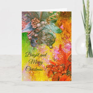 RED BLUE POINSETTIAS,XMAS STARS IN GOLD SPARKLES HOLIDAY CARD