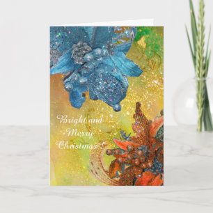 RED BLUE POINSETTIAS,XMAS STARS IN GOLD SPARKLES HOLIDAY CARD