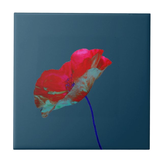Red blue poppy on night blue ceramic tile (Front)
