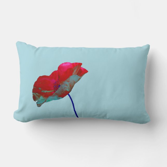Red blue poppy on pastel blue lumbar cushion (Front)