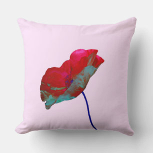 Red blue poppy on pastel pink cushion