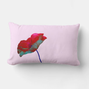 Red blue poppy on pastel pink lumbar cushion