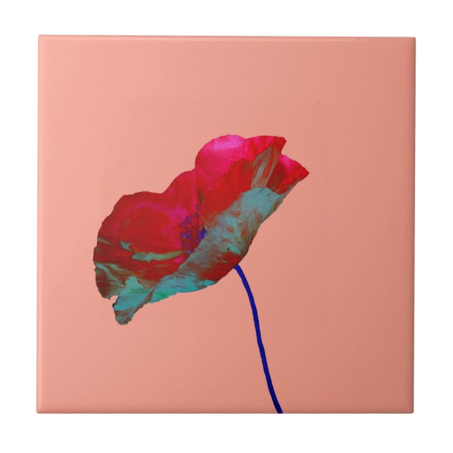 Red blue poppy on pink ceramic tile (Front)