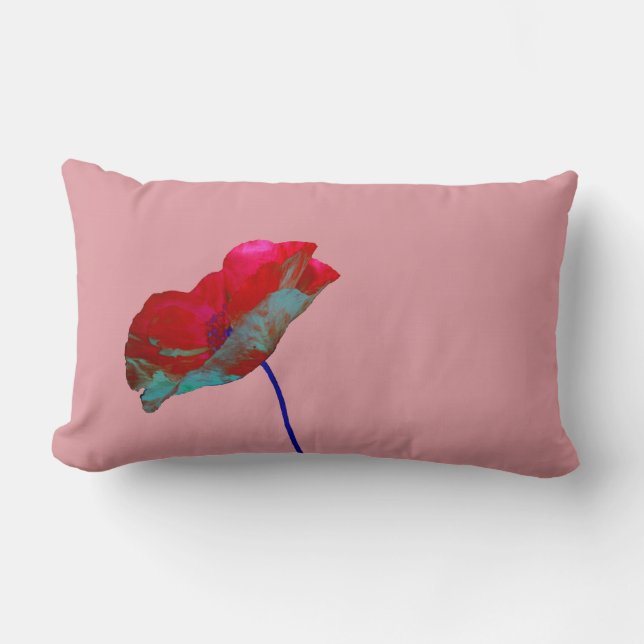 Red blue poppy on pink lumbar cushion (Front)