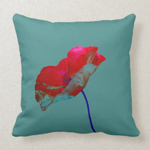 Red blue poppy on teal cushion