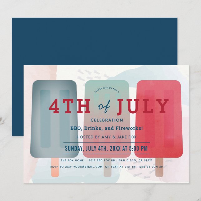 Red & Blue Popsicle 4th of July Party Invitation (Front/Back)