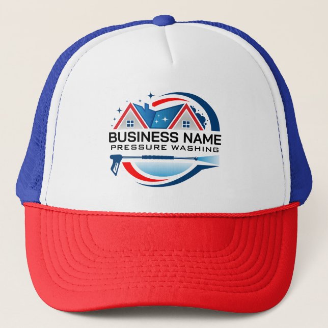 Red Blue Power Wash House Cleaning Services Trucker Hat (Front)