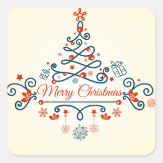 Red blue retro style Christmas tree design Square Sticker