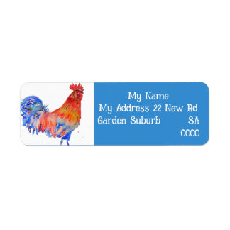 Red Blue Rooster Art Bird Return Address Labels