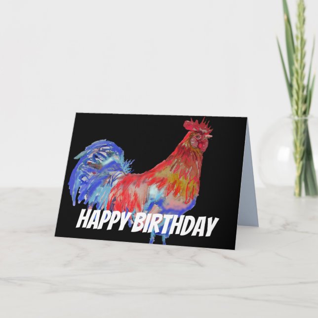 Red Blue Rooster Chicken Bird Watercolor Birthday Card (Front)