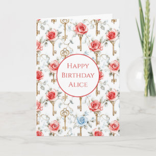 Red Blue Roses Gold Keys Birthday Card