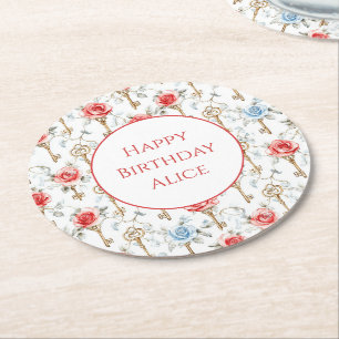 Red Blue Roses Gold Keys Birthday Round Paper Coaster