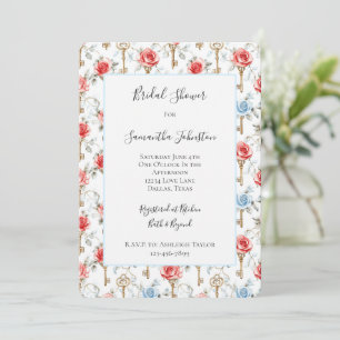 Red Blue Roses Gold Keys Bridal Shower  Invitation