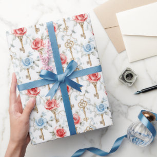 Red Blue Roses Gold Keys Bridal Shower Wrapping Paper