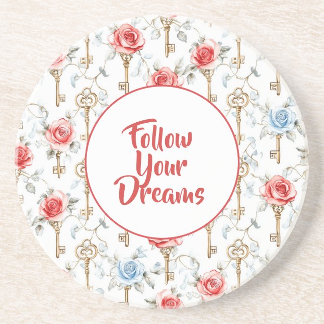 Red Blue Roses Gold Keys   Coaster (Front)