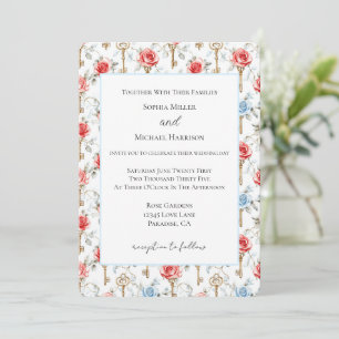 Red Blue Roses Gold Keys Wedding Invitation