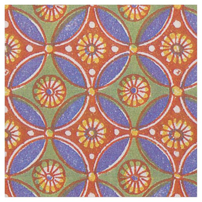 Red Blue Rustic Colourful Circle Egypt Art Pattern Fabric (Close Up)