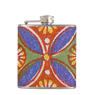 Red Blue Rustic Colourful Circle Egypt Art Pattern Hip Flask