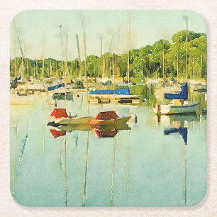 Red & Blue Sailboats on Lake Harriet, Minneapolis Square Paper Coaster