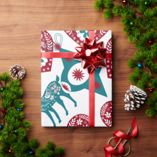 Red Blue Scandinavian Nordic Christmas Stag Wrapping Paper