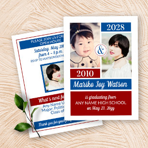 Red Blue School Colours Then and Now Graduation Invitation
