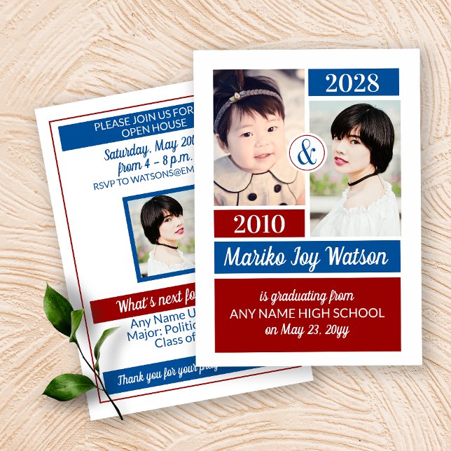 Red Blue School Colours Then and Now Graduation Invitation (Creator Uploaded)