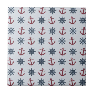 Red Blue Ship Wheel Anchor Pattern Tile