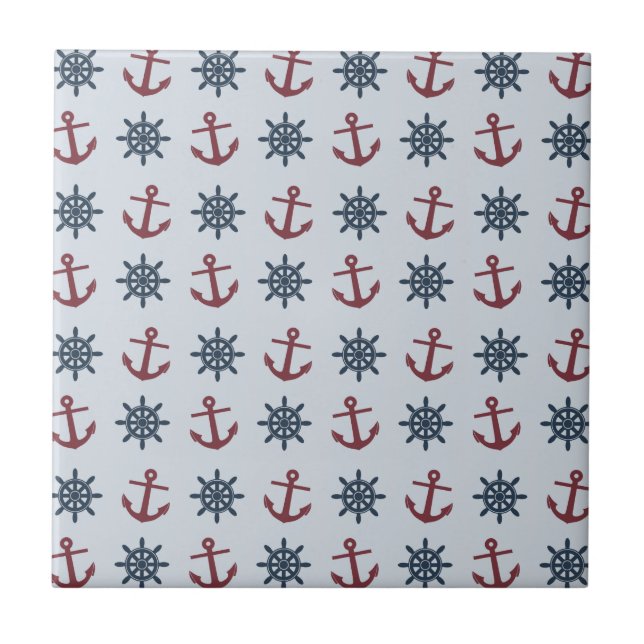 Red Blue Ship Wheel Anchor Pattern Tile (Front)